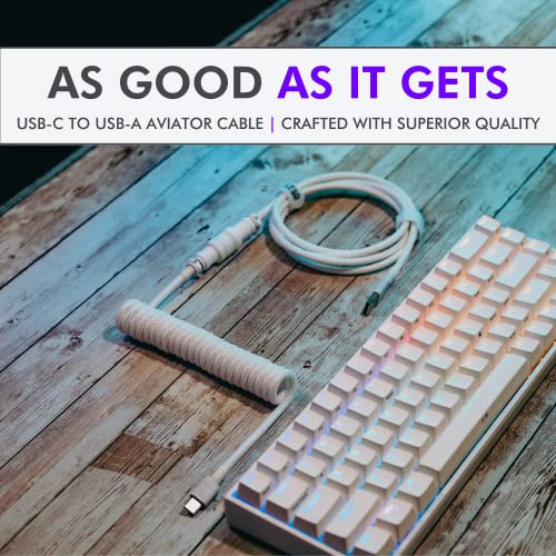 Tilted Nation Coiled Usb C Cable For Mechanical Keyboard - Flexible But Tough - Detachable Aviator Coiled Keyboard Cable Usb C - (5Ft To 5.7Ft Length) Usb-A To Usb-C Keyboard Coiled Cable - White #TOP1