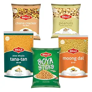 Bikaji Snacks Combo – SOYA STICKS & SALTED PEANUT & TANA-TAN (Aloo Bhujia) & Moong Dal & ROASTED CHANA CRACKER | 5 Pack Variety | Bar Snacks, Party Mix & Tea-Time Treats – 1 Kg