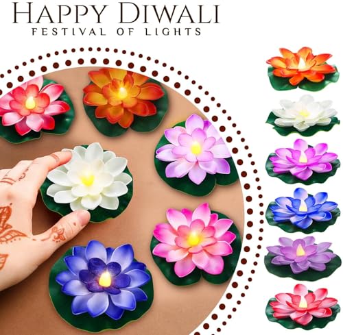 Image of coku 12 Pcs Floating Lotus LED Candles, Water Sensor Diya, 4 inch Multicolor Flower Lights, Water Activated Tea Lights for Diwali, Navratri, Durga Puja, Wedding, Pool, Urli Bowl, & Home Decor (Pack of 12)
