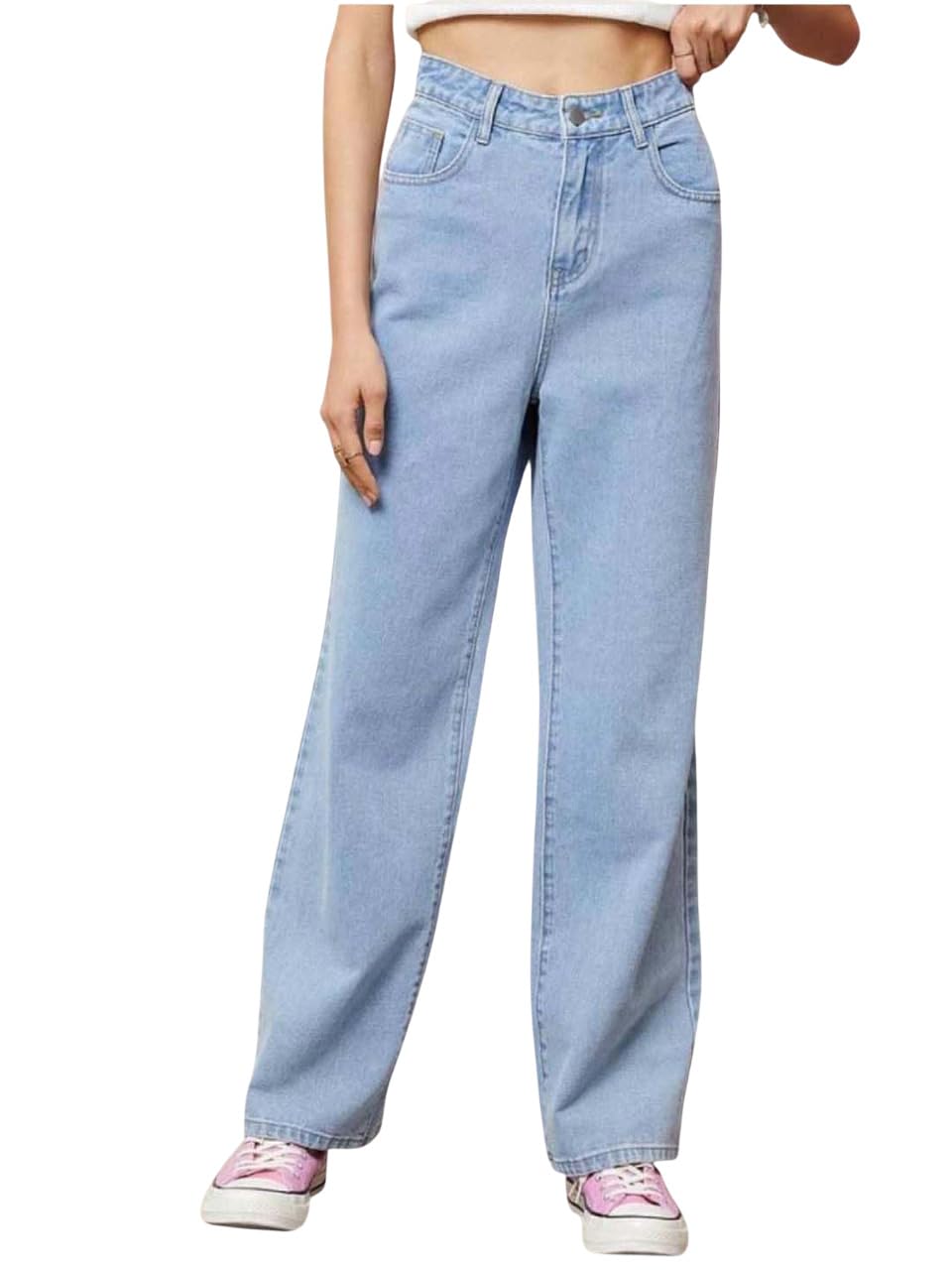 Womens Straight Button Solid Baggy Jeans