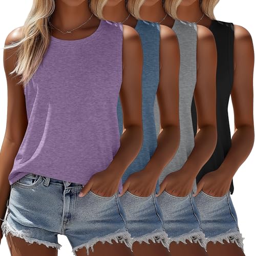 Ficerd 4 Pack Women's Sleeveless Tops, Casual Summer Loose Fit