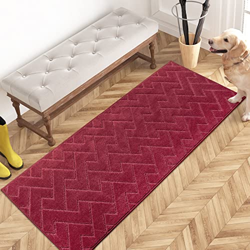 PURRUGS Dirt Trapping Door Mat 24" x 59", Non-Slip Machine Washable Entry Rug, Shoe Scraper, Dog Doormat, Super Absorbent Welcome Mat for Front & Back Door, Muddy Wet Shoes & Paws, Cherry Red