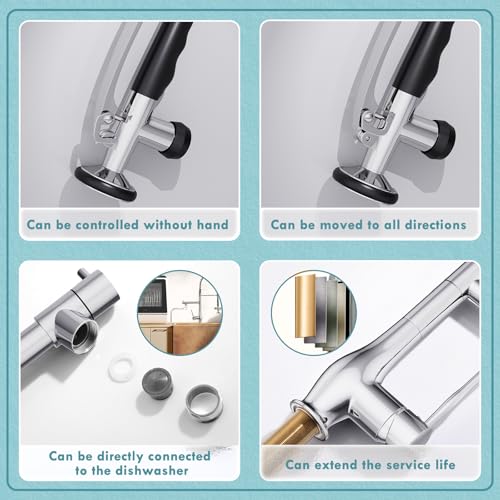 Image of GIMILI Chrome Kitchen Faucet with Pull Down Sprayer, Single Handle High Pressure Kitchen Sink Faucet, Commercial Double-Headed Stainless Steel Kitchen Faucets Sink with Deck Plate