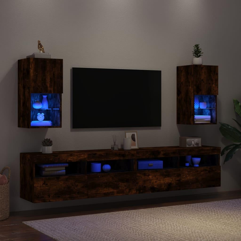 Szafki TV z LED 2 szt przydymiony dąb 30,5x30x60 cm meble RTV wiszące z oświetleniem RGB do salonu z przestrzenią do przechowywania