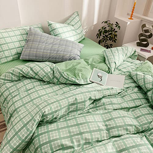 Highbuy Sage Duvet Cover Queen Soft Cotton Grid Bedding Sets Green Shabby Chic Duvet Cover Sets Modern Geometric Pattern Comforter Quilt Cover Queen Hotel Quality Lightweight #TOP1