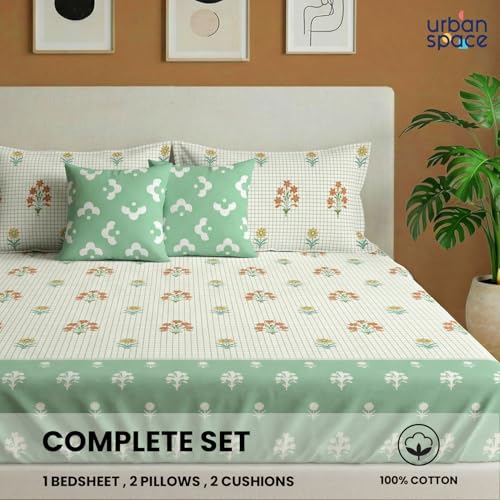 Image of Urban Space 144 TC Divine 100% Cotton Bedsheet for Double Bed with 2 Pillow Covers and 2 Cushion Covers, Queen Bedsheet (Size 90 x 100 inches, Magnolia sage Green, Double)