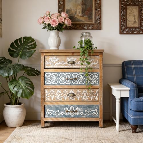Image of DAPHOHAVEN 4-Drawer Small Accent Cabinet - Hand-Painted Carved Fronts, Solid Wood Storage Cabinet, Entryway Cabinet with Storage, Boho Decorative Storage Cabinet