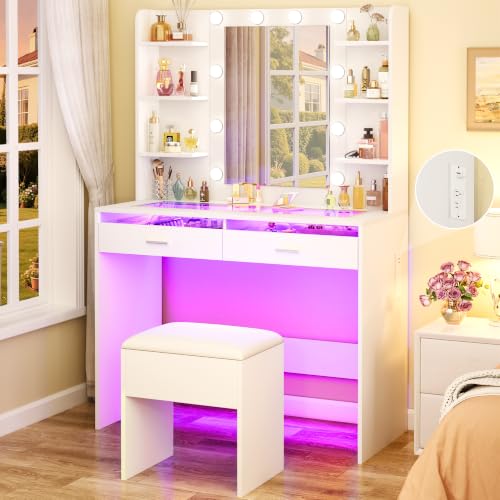 Image of HUAHUU Makeup Vanity Desk with Mirror and Lights, White Vanity with Storage Chair, Transparent Top Vanity with RGB Drawers, 6 Shelves, Charging Station, for Bedroom