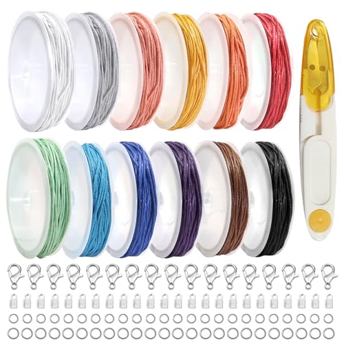 TOAOB 120m Cordon Ciré Tressé pour Bracelet 1mm Rond 12 Couleur Fil de Cire Cordon de Coton avec Fermoir et Ciseaux pour Fabrication de Bijoux Collier...