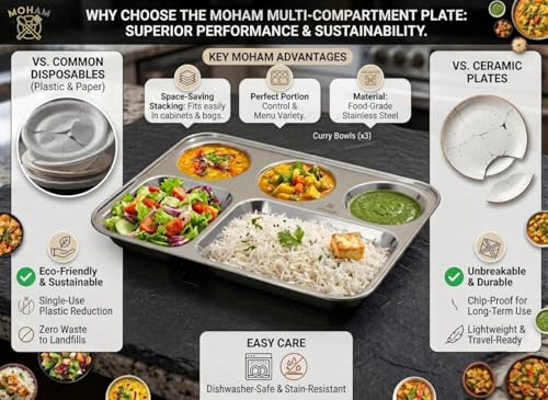 Image of MOHAM Stainless Steel Rectangular Partition Plate 5 in1 /Bhojan Thali /Compartment Plate /Steel Thali /Dinner Plate Pack of 3 of 1 for Breakfast /Lunch /Dinner /Pav Bhaji Plates