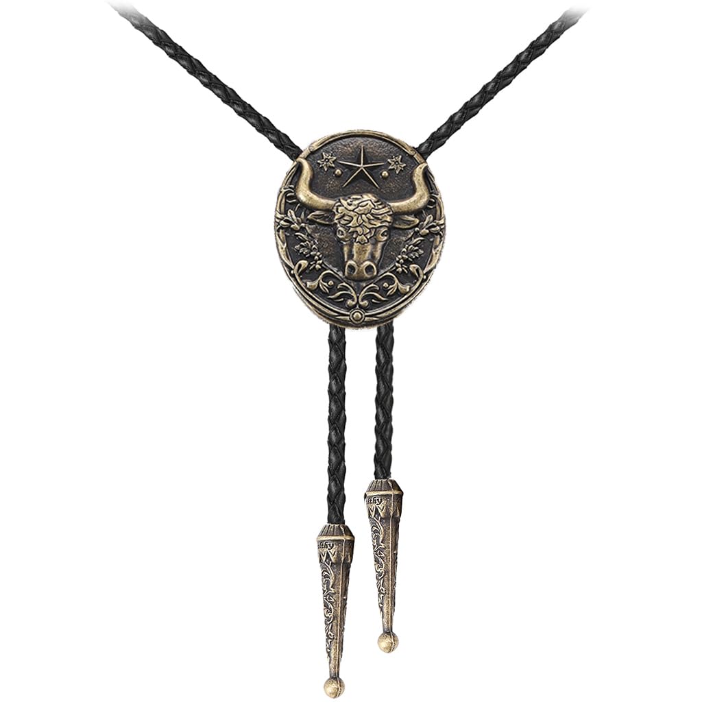 Joxevyia Bolo Tie for Men Vintage Cow Skull Leather Rope Western Cowboy Necktie Vintage Bola Tie Gift for Him
