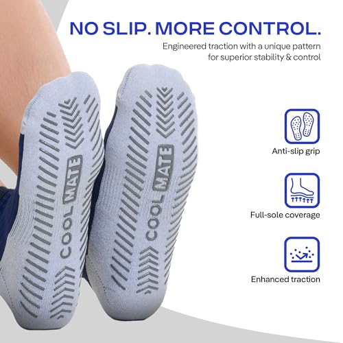 Image of CoolMate Mens Grip Socks, Non Slip Athletic Socks for Pilates, Yoga | Grip pads keep their hold wash after wash. Soft cotton-poly blend for pilates, yoga, barre, or post-surgery recovery at home.