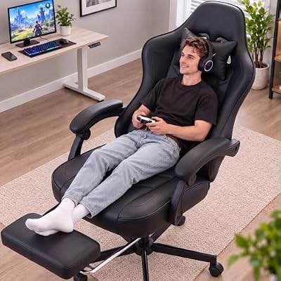 Office Desk Computer Gaming Chair for Adults, Ergonomic High Back Gamer Chair with Massage and Pocket Spring Cushion, Swivel Comfy Video Game Chairs with Footrest and Lumbar Support (Black)