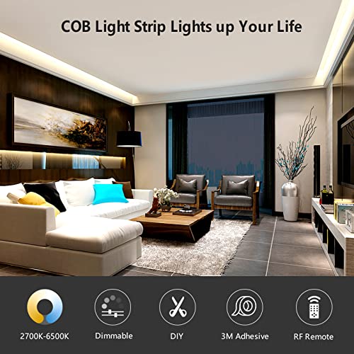 Image of COB LED Strips 2700K-6500K,16.4ft Dimmable Ultra Bright Flexible White LED Strip Lights, 6000LM Tape Lights Kit, CRI 90+, DC 24V LED Lights for Bedroom, TV Backlight, Kitchen, DIY Lighting