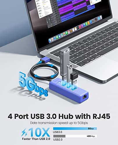 Orico Usb Hub Ethernet, 4 Port Usb 3.0 Hub, Usb-A To Gigabit Ethernet Adapter With 3 Usb 3.0 Hub For Laptop, Usb Hub 3.0 With Rj45 10/100/1000 Gigabit -Pw3Ur-05 (Blue) #TOP2