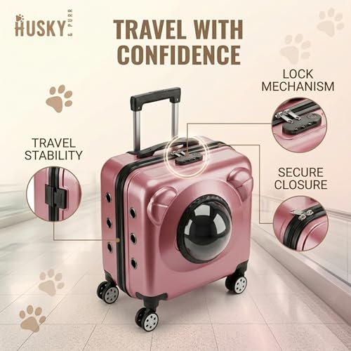 Image of Husky & Purr Pet Carrier with Wheels for Cats & Small Dogs | Durable Cat Bag Carrier Trolley with Mesh and Transparent Dome Front, Telescopic Handle, Up to 8kgs