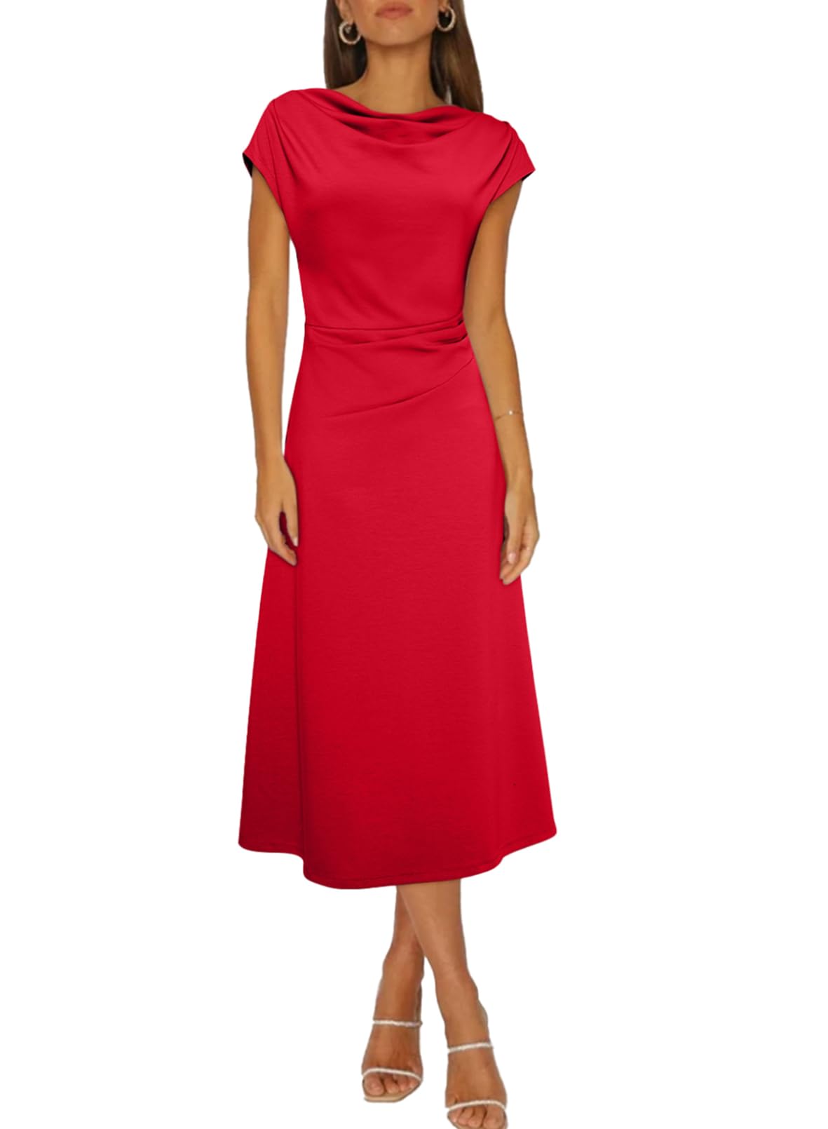 Happy Sailed Women's Spring Summer Short Sleeve Cowl Neck Ruched Waist Flowy A Line Midi Dresses Party Cocktail Dress