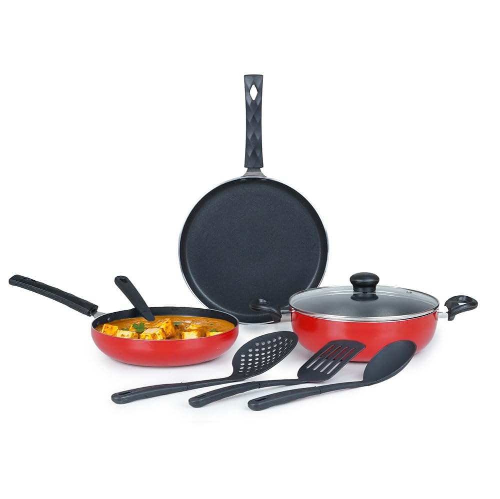 Kreme Nonstick 8Pcs Cookware Set Combo (Non Induction), Red