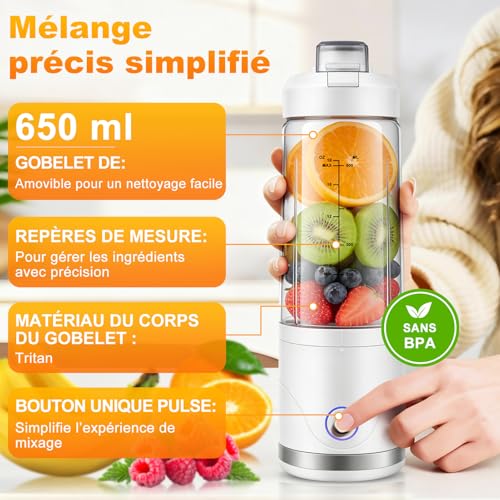 Blender Portable, 650ml Rechargeable Tasse en Tritan, Mini Blender Sans Fil Puissant, Mixeur Smoothie pour Shakes et Smoothies, Mixeur Portable pour Cuisine Bureau Voyage Salle de Sport – Image 6
