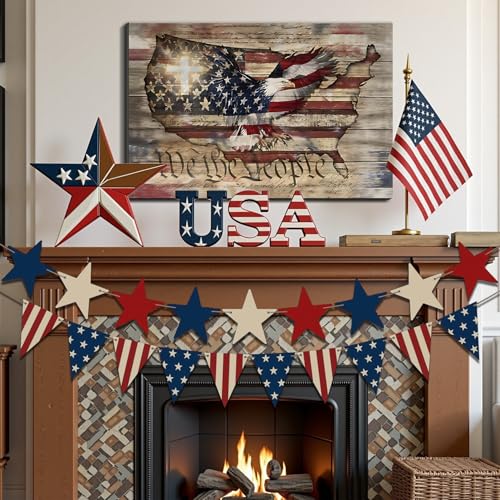 Image of Framed We The People Bald Eagle USA Map Wall Art, Patriotic American Flag Canvas Art Pictures, Patriotic Wall Decor for Office Living Room Man Cave, Ready to Hang Made in USA