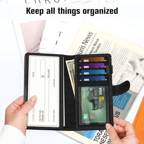 Image of FINTIE Checkbook Cover for Personal Checkbook, RFID Blocking Big Capacity Standard Register Duplicate Checks with Pen Holder, Cards Slots (Black and Brown)
