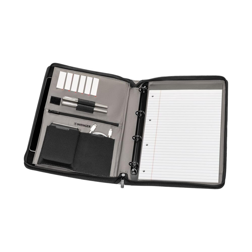 WENGER Affiliate Padfolio avec Classeur à Anneaux et Poche pour Tablette Tactile, Femmes Hommes, Bureau Voyages d’Affaires Uni, Noir, 601361