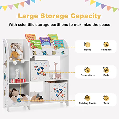 Honey Joy Kids Toy Storage Organizer, Wooden Storage Unit With 2 Storage Boxes, Toddler Storage Display Bookshelf Daycare Furniture For Playroom, Children’s Room, Living Room(Rocket) #TOP6