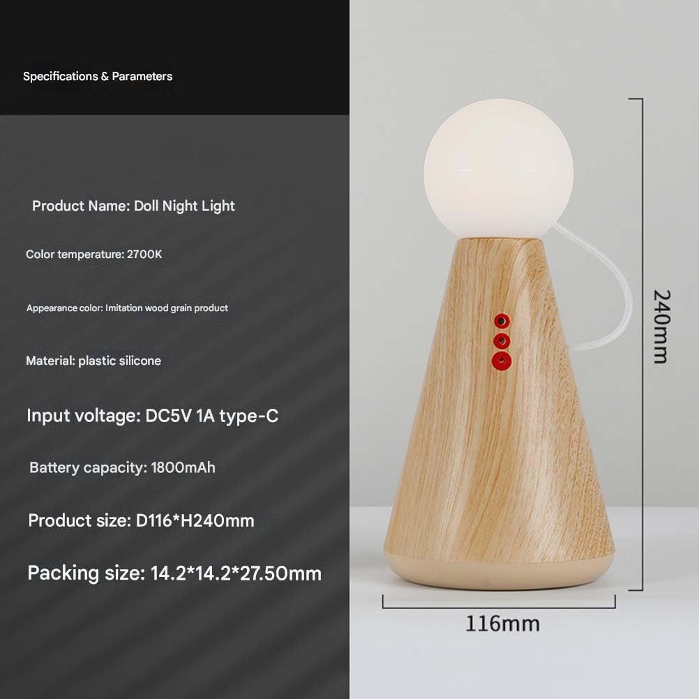 Lámpara de mesita de Noche de Madera con Forma de muñeca, Recargable con imán, Bola Creativa, Pantalla acrílica, luz Nocturna para Dormitorio Infantil, Carga USB