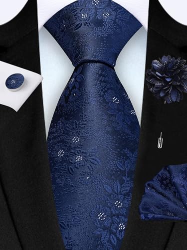 Image of GUSLESON 3.15 inch(8cm) Mens Floral Tie and Lapel Pin Necktie Hankerchief Cufflinks Set for Men