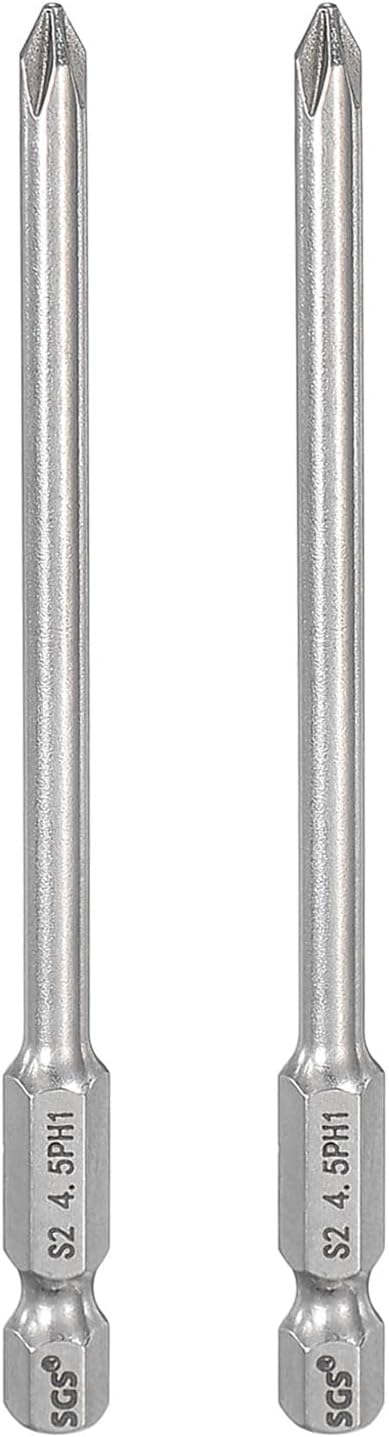 HARFINGTON 2pcs #1 Phillips Screwdriver Bit PH1 1/4" Hex Shank 4" (100mm) Long 0.18" Rod Magnetic Cross Head Drill Bits S2 Steel Industrial Screw Driver for Power Screwdrivers Drills, Silver