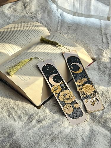 Image of 2 Pack MoonBloom Aesthetic Bookmark with Tassel | Crescent Moon & Floral Design | Page Markers for Books | Gift for Book Lovers, Readers, Girls | Durable Bioplastic