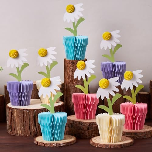 Image of 8Pcs Daisy Honeycomb Centerpieces Table Decorations 7 inch Flower Table Decor | Daisy Honeycomb Centerpieces set, 4 Pastel Colors, 3D Floral Daisy Centerpiece for Baby Showers, Birthdays, and Spring Party