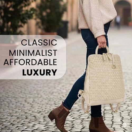 Image of 12.5 Inch Genuine Leather Backpack for Women and Men, Brown Leather Backpack with Adjustable Shoulder Strap (Beige)