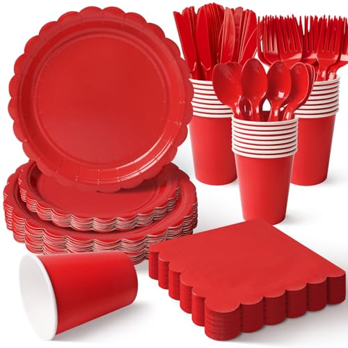 Vyntra 350 Pcs Red Disposable Paper Plates and Napkins Set for 50 9 Dinner Plates & 7 Dessert Plates Tableware for Christmas Valentines Day Birthday Party