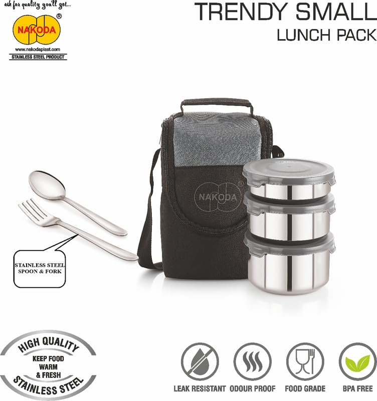 Image of NAKODA Trendy Small Insulated Lunch Pack (3 Stainless Steel Container 200ML | 300ML | 400ML | Steel Spoon & Fork) Set of 3-Grey