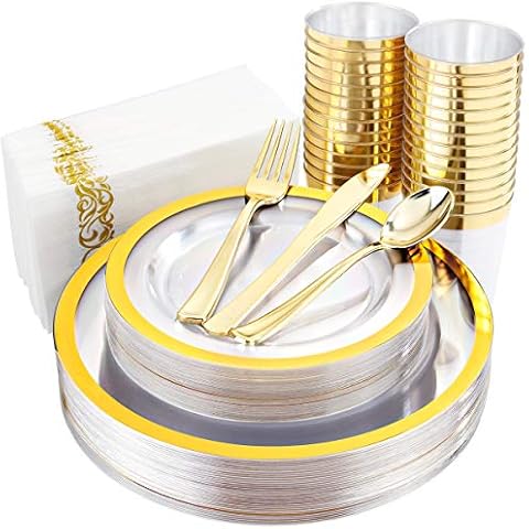 YOUBET 210PCS Clear Gold Plastic Dinnerware - Gold Plastic Plates and Gold Dinnerware Includes: 30 Dinner Plates, 30 Dessert Plates, 30 Gold Cups, 30 Napkins for Party & Wedding Cover