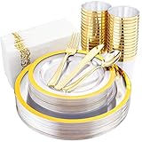 YOUBET 210Pieces Clear Plastic Plates with Gold Rim& Gold Plastic Silverware include 30 Dinner Plates, 30 Salad Plates,30 Forks, 30 Knives,30 Spoons, 30 Tumblers,30 Napkins