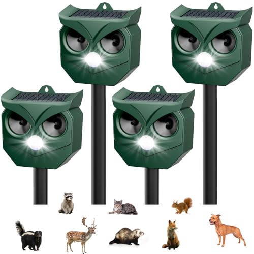 4 Pack Ultrasonic Animal Repeller with LED Strobe Lights - Outdoor Solar Powered for Squirrels, Deer, Raccoons, Rabbits, Skunks, Cats, Dogs - Protects Garden, Yard, Lawn, Farm & Crops