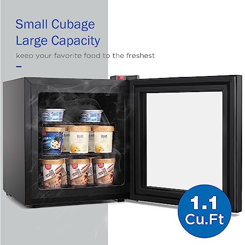 ADT Mini with Display Glass Door 1.1 Cu Ft Small Freezer with 2 Removable Shelves 7 Temperature Settings -8°F to 14°F Perfect for Liquor and Ice Cream