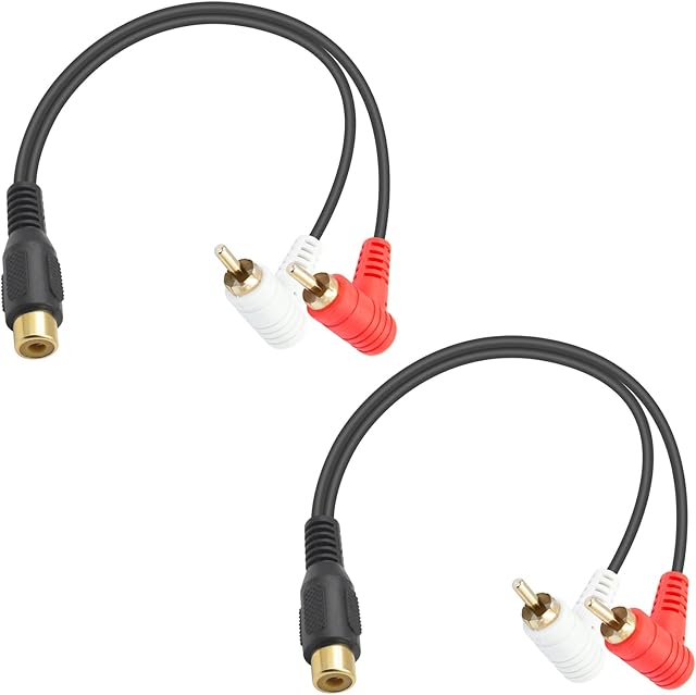 Duttek RCA Splitter,RCA Female to 2 Male Audio Cable,90 degree RCA Extension Cable for Subwoofer, Home Theater, CD Player, Car Audio or other RCA enabled device (0.25M)