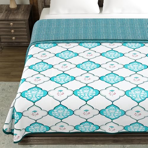 Image of BLOCKS OF INDIA 100% Cotton Dohar King Size Reversible Hand Block Printed Malmal Summer Dohar /Blanket (MUGHAL Turquoise)