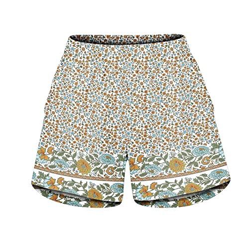 Qunpiu Womens Casual Shorts Loose Fit Floral Print Summer Elastic Waist Athletic Running Workout Sports Beach Short Pants White #TOP2