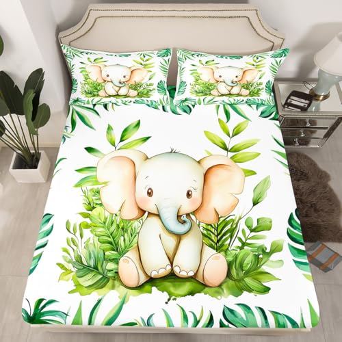 Cute Elephant Fitted Sheet Twin,Watercolor Jungle Animals Plants Bed Sheet 2 Pieces(No Flat Sheet),Tropical Palm Leaves Bedding Set for Kids Adults,Cartoon Wildlife Deep Pocket Sheet