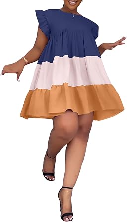 Womens Loose Fit Short Dress Casual Ruffle Sleeve Cute Crew Neck Comfort Flowy Swing Mini Summer Dresses
