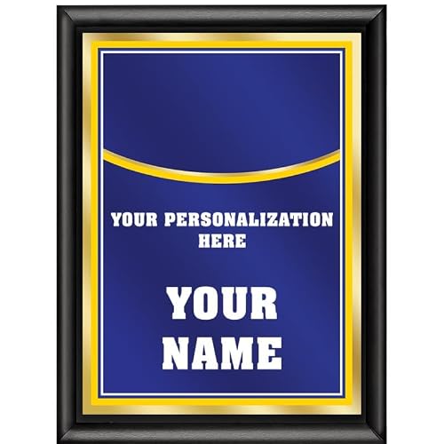 Crown Awards Personalized Plaque Award, 6x8 Color Printed Metal Plate with Custom Engraving, Royal Blue with Gold Plaque On Shiny Black Finish