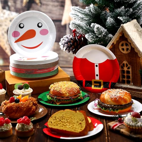 Image of Fourluoo 96 Pcs Christmas Cartoon Paper Plates 7 Inch Disposable Santa Snowman Christmas Dinner Plates for Xmas Birthday Holiday Party Supplies Table Decor