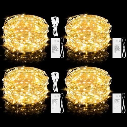 Mlambert 4 Pack Rechargeable Battery Fairy Lights, 65.6FT, Warm White