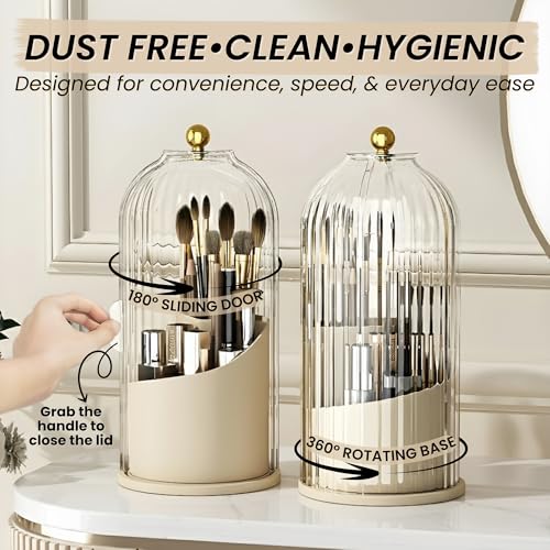 Image of OCEANEVO Cosmetic Makeup Brush Holder with Makeup Sponge, Dustproof Makeup Brush Organiser Stand with 360 Rotatable Lid - 12.5 x 27 Cm - Beige - 1 Year Warranty