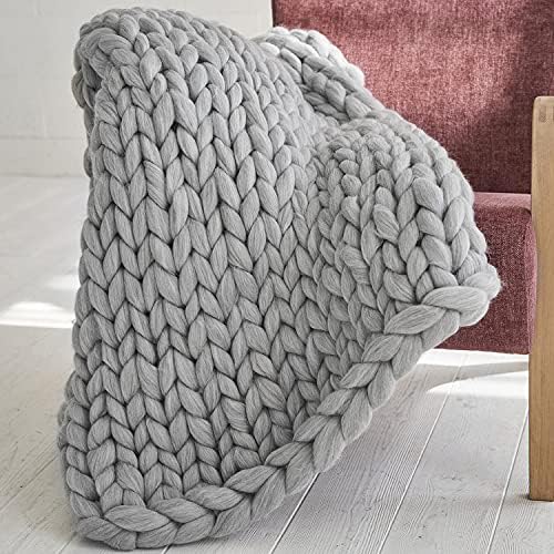 Ganlinia Chunky Knit Blanket Merino Wool Blend Giant Yarn Soft Cable Knitted Throw Handmade Home Decorate, Grey, 30"x40"
