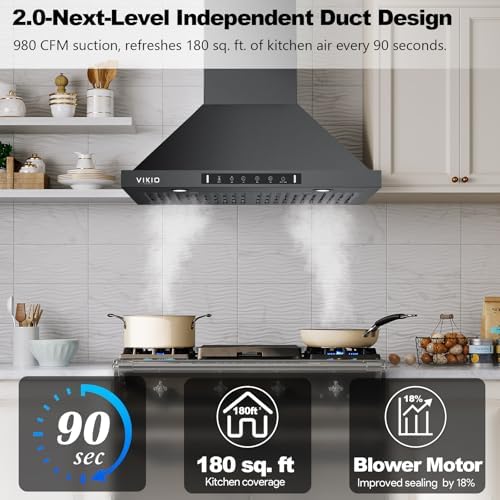 Black Wall Mount Range Hood 30 Inch, Stainless Steel Kitchen Range Hood 980 CFM Ducted/Ductless Range Hoods with 3-Speed Exhaust Fan, Light,... - Image 2